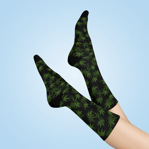 Marijuana, Black and Green Pot Leaf Crew Socks