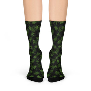 Marijuana, Black and Green Pot Leaf Crew Socks