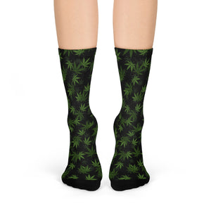 Marijuana, Black and Green Pot Leaf Crew Socks