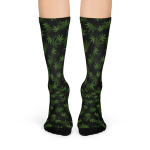 Marijuana, Black and Green Pot Leaf Crew Socks