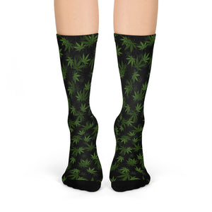 Marijuana, Black and Green Pot Leaf Crew Socks
