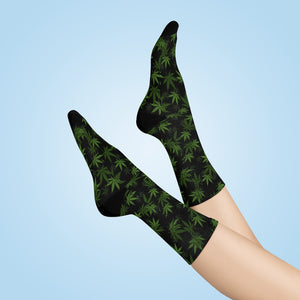 Marijuana, Black and Green Pot Leaf Crew Socks