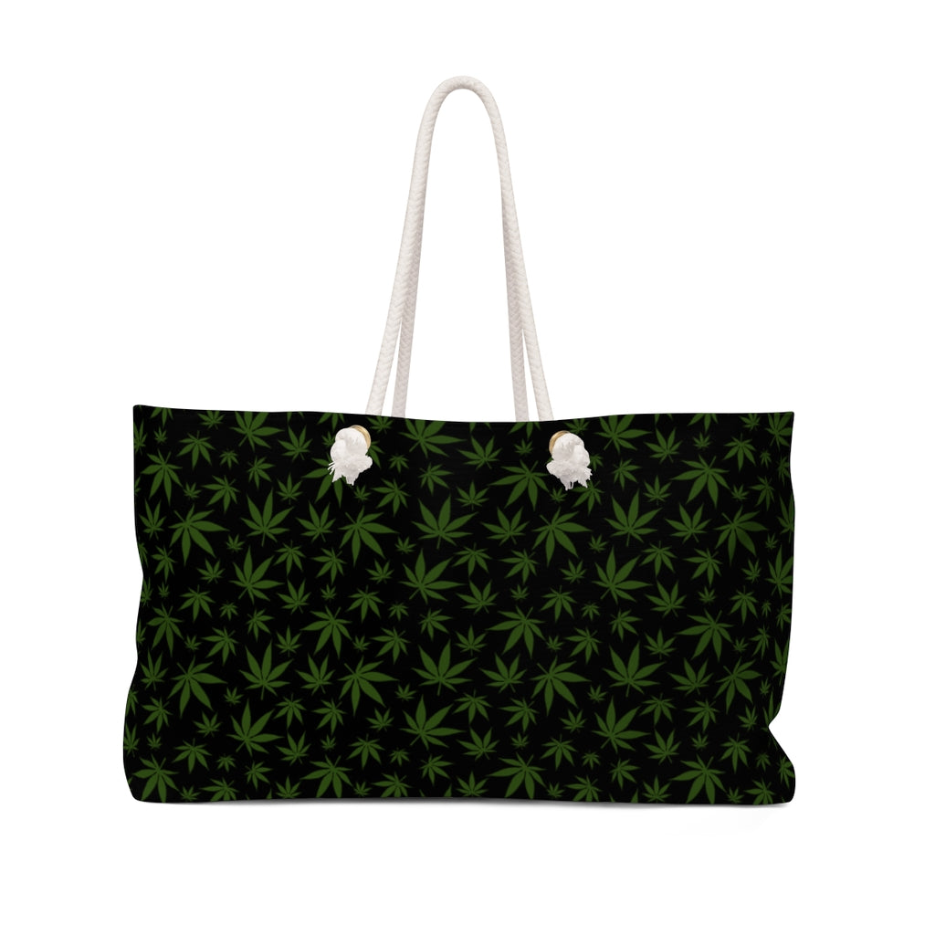 Marijuana-Black with Green Pot Leaf Trendy Oversized Weekender Tote